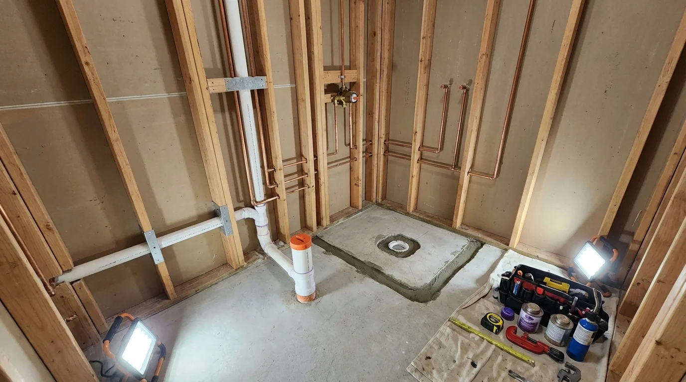 Bathroom rough-in plumbing during remodel by Johns Plumbing LLC in Penns Grove