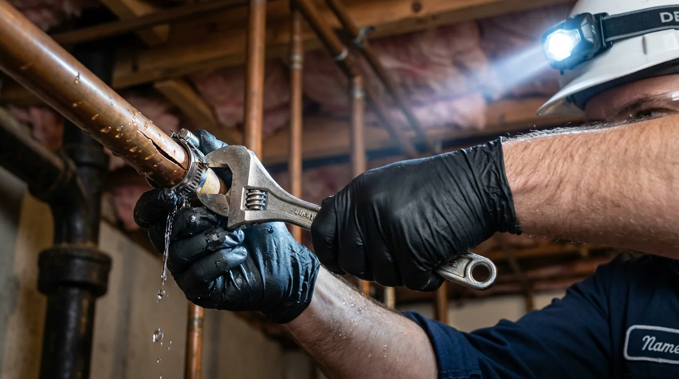 Emergency pipe clamp repair being performed by a Johns Plumbing LLC plumber in Penns Grove