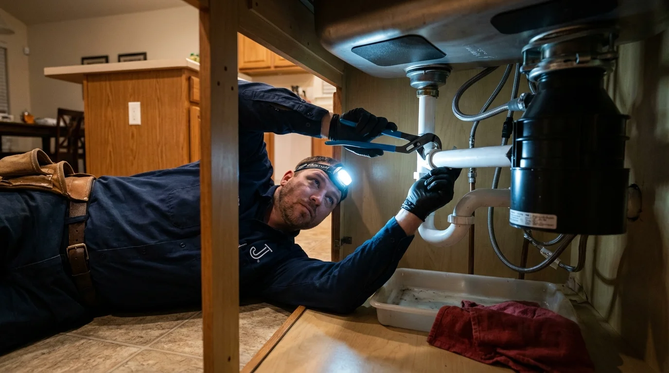 P-trap and supply line connections under a kitchen sink showing a common leak point in Penns Grove, NJ
